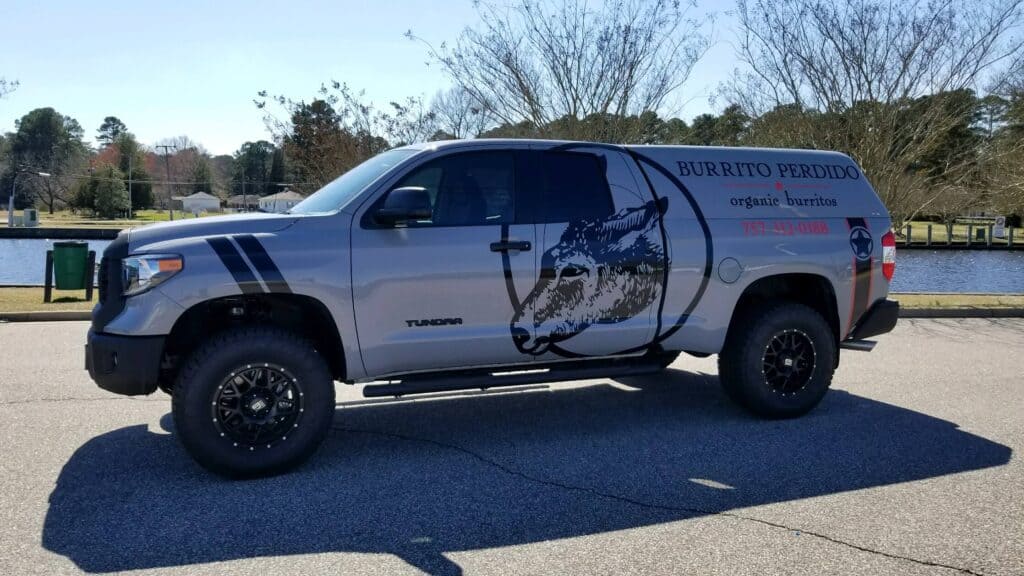 Pickup truck lettering for Burrito Perdido (side view)