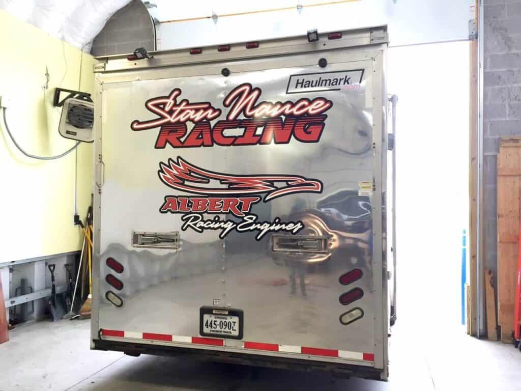 Racing trailer graphics and wrap for Stan Nance Racing and Albert Racing Engines