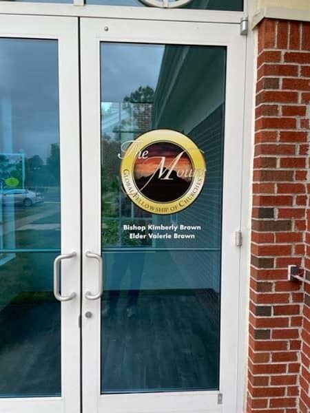 Graphics for doors and windows. Church lettering on glass.