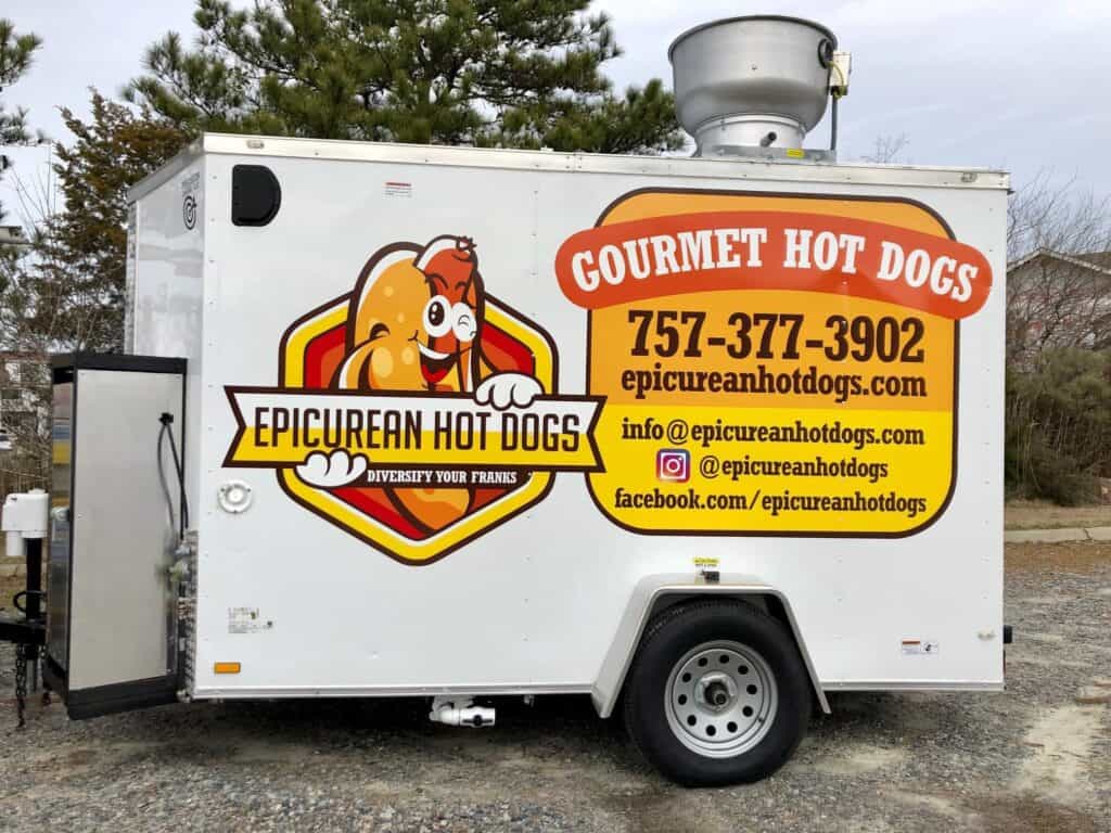 Food vendor truck and trailer graphics - Epicurean-Hot-Dogs food trailer wrap