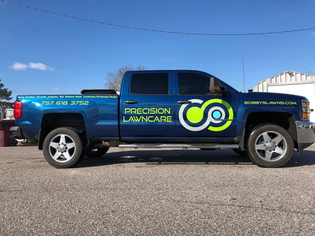 Truck lettering and graphics Precision Lawncare (side view)