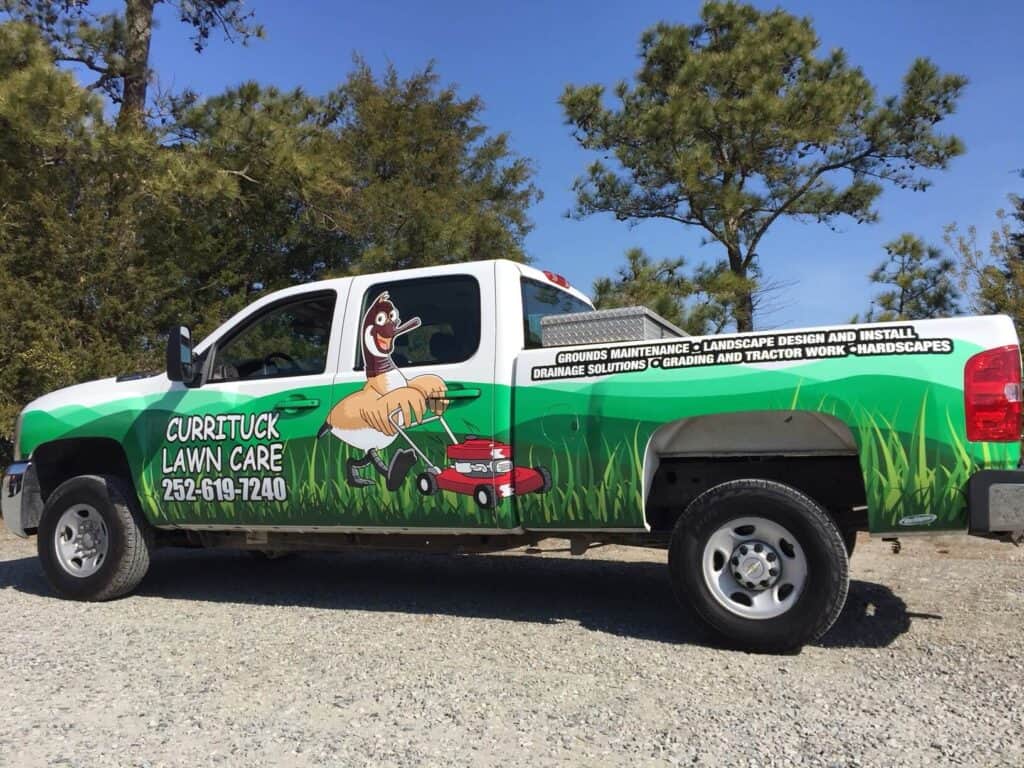 Full pickup truck wrap for Currituck Lawn Care