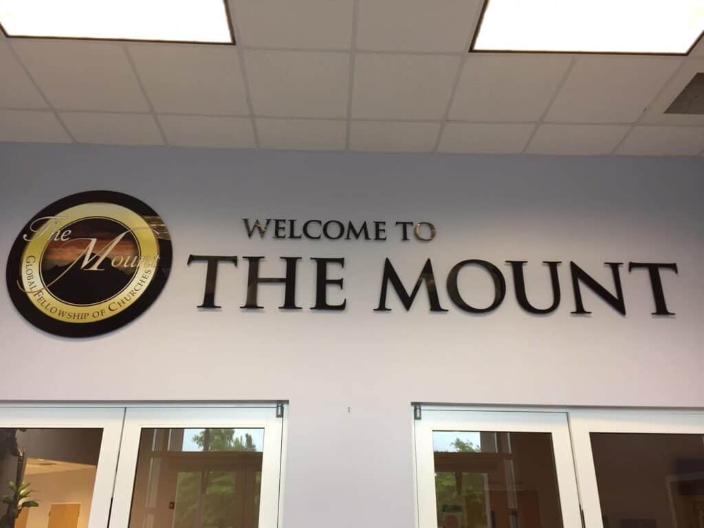 Raised acrylic lettering and logo for The Mount Global Christian Fellowship