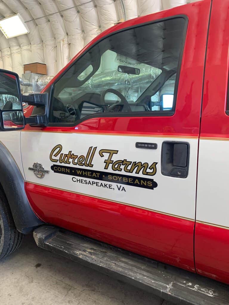 Gold and black vehicle lettering and graphics for Cutrell Farms