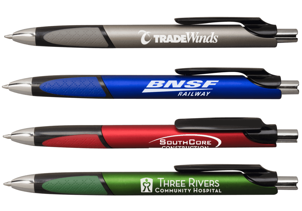 Ink pen with rubber grip. Imprint name. logo, slogan. Great promotional giveaway.