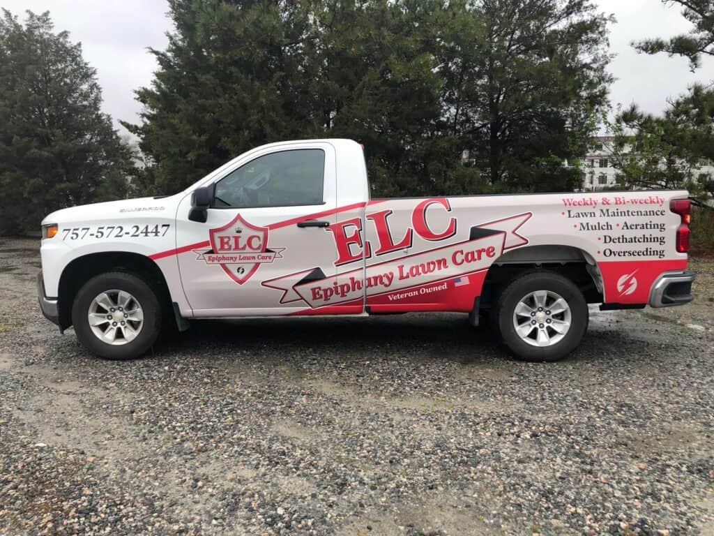 Lawn care work truck wrap for Epiphany Lawn Care