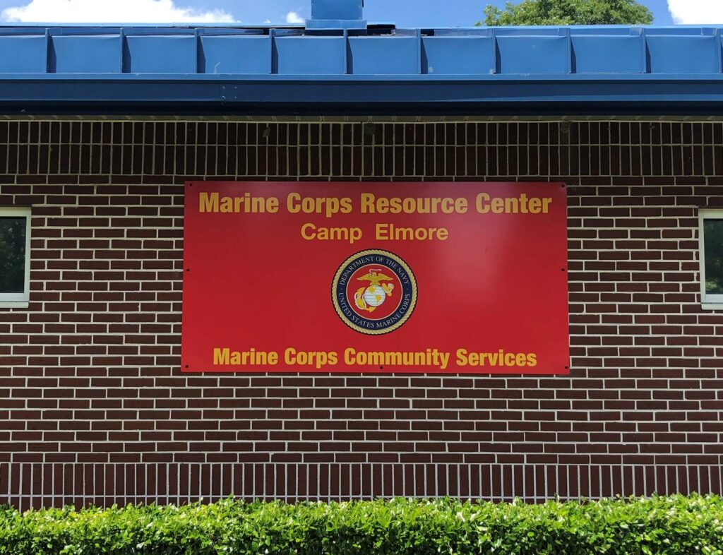 Mounted sign on brick for MCCS Community Services Camp Elmore Mounted sign on brick for MCCS Community Services Camp Elmore