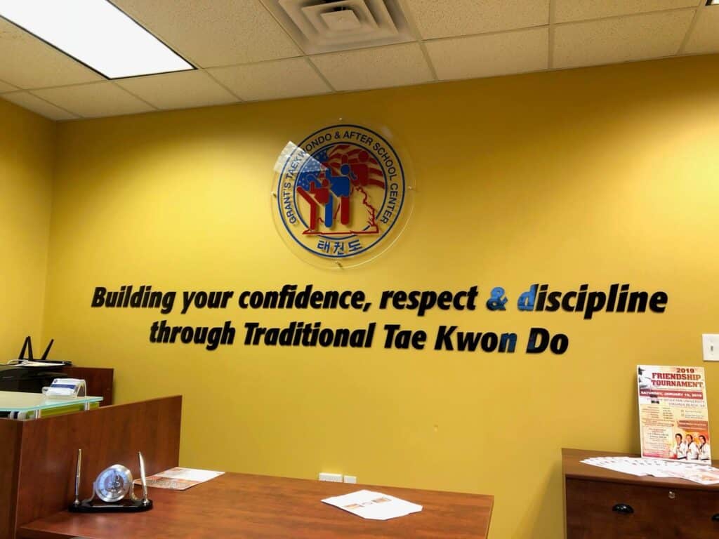 Interior acrylic wall sign for Grant's Taekwondo & After School Learning Center