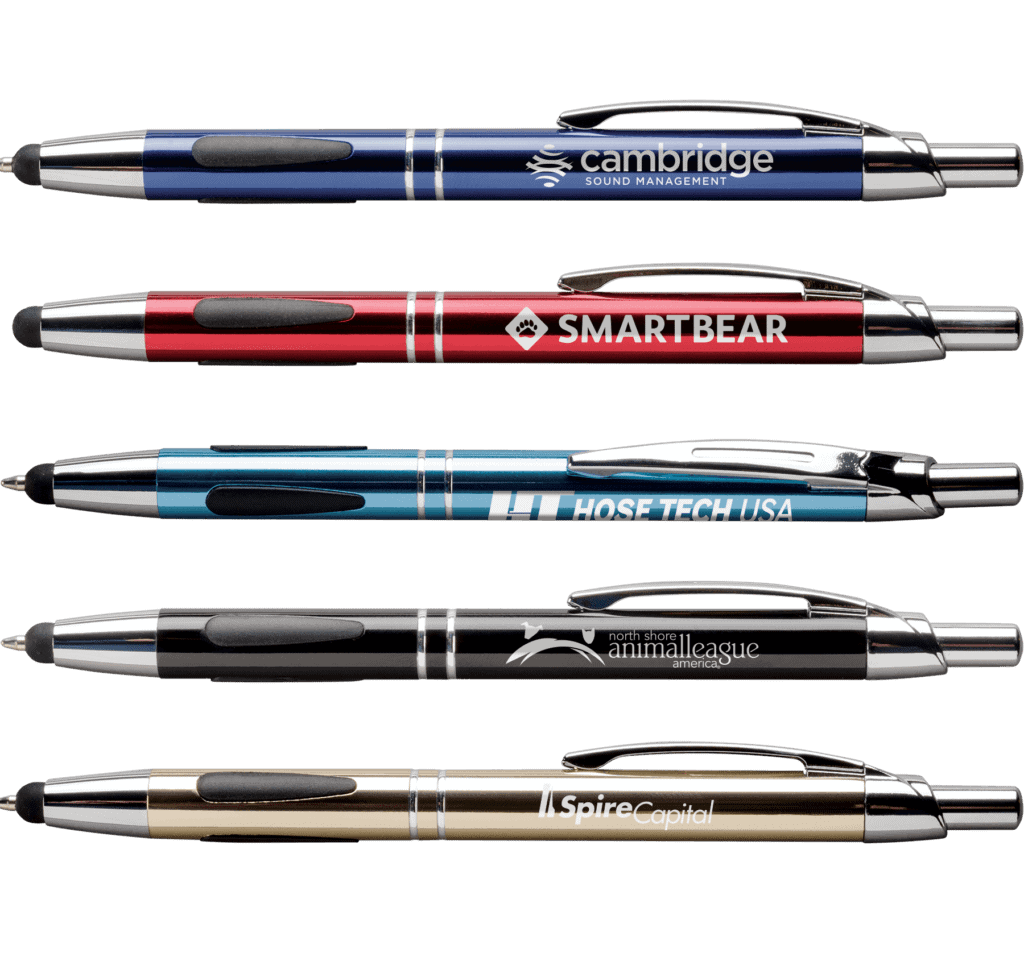 Metal stylus pens. Imprint name. logo, slogan. Great promotional giveaway.