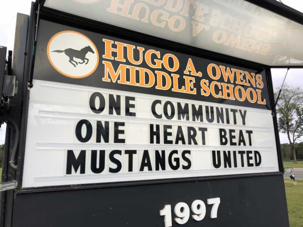 Plexiglas sign with changeable letters for Hugo A Owens Middle School