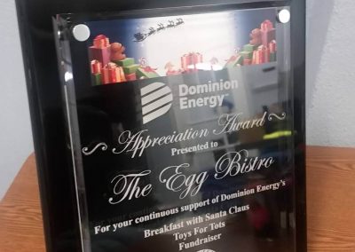 Appreciation award plagues - Engraved award for The Egg Bistro