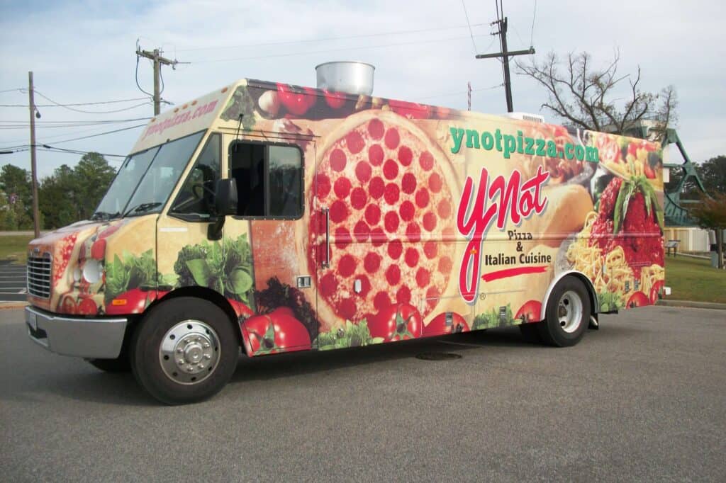 Step van wrap for food vendor YNot Pizza (side view)