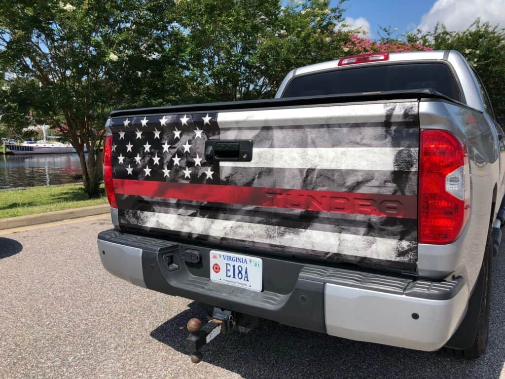 Patriotic theme and Firefighter flag wrap on tail-gate