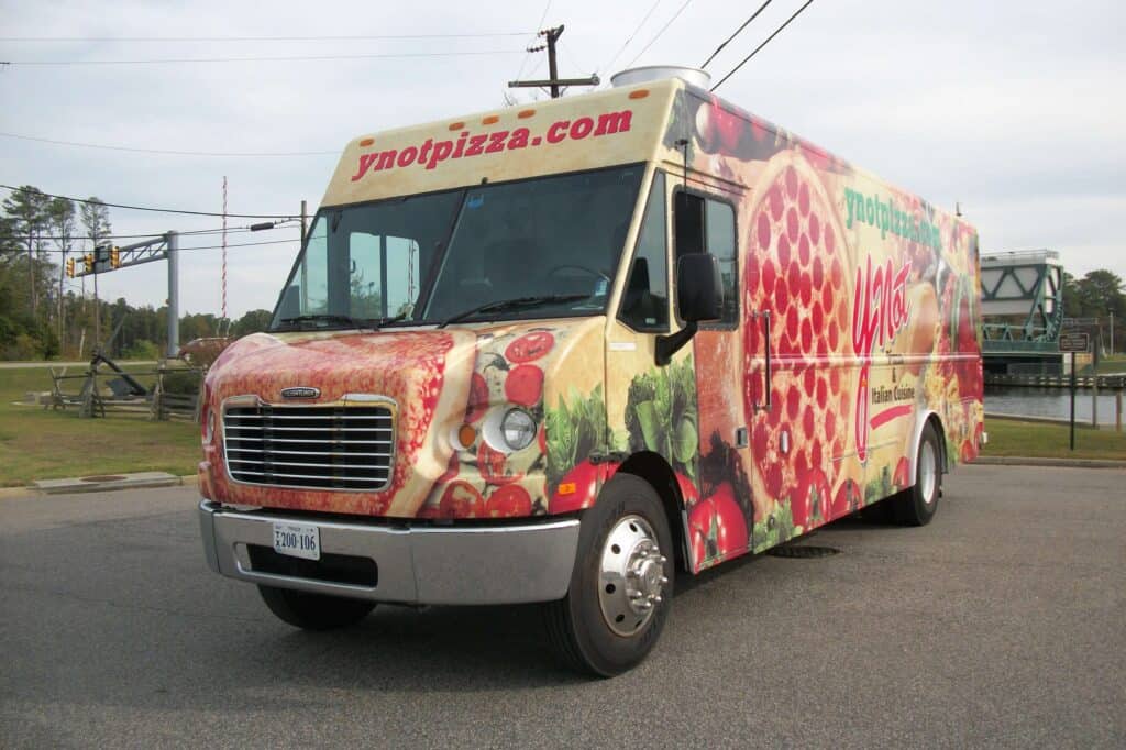 Step van wrap for food vendor YNot Pizza (front 3/4 view)