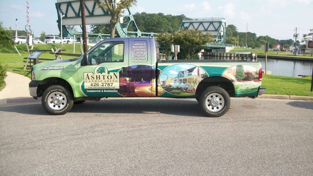 Full wrap on pickup truck for Ashton Landscaping