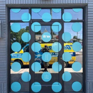 Window film graphics offers privacy and security. See lil-za pizza window graphics.