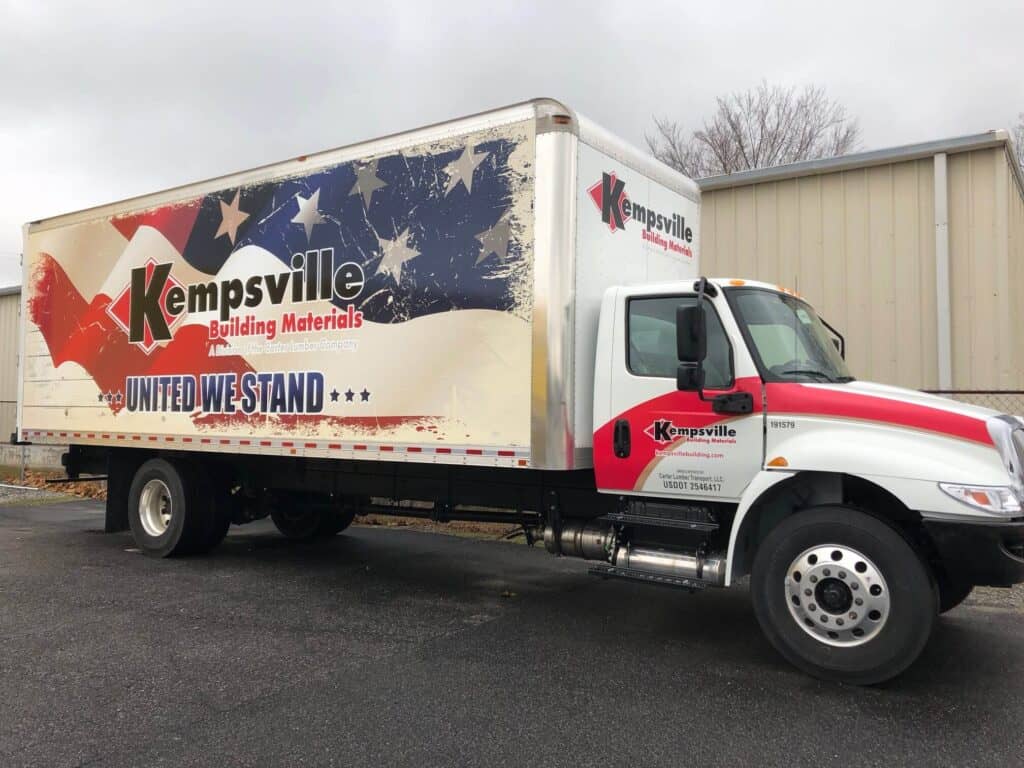 Patriotic box truck graphics for Kempsville Building Materials