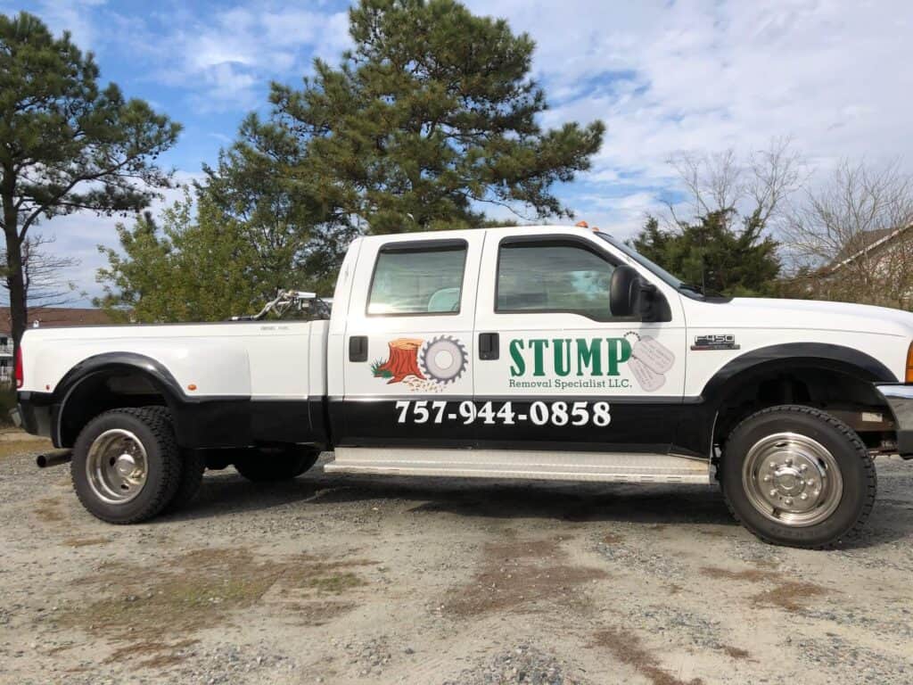 Partial wrap and graphics for stump grinding truck business