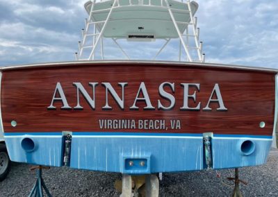 Transom boat wrap and lettering for ANNASEA Virginia Beach VA
