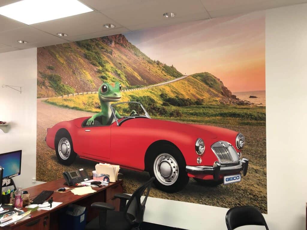 Interior wall murals in business setting for GEICO Insurance