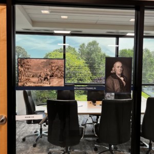 Ben Franklin graphics for conference room glass by DeSigns, Inc.