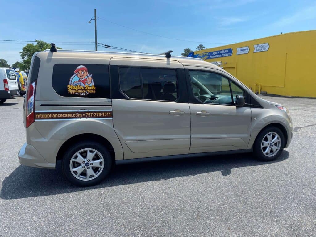 Van window graphics advertising on mini van for Master Tech Appliance Care